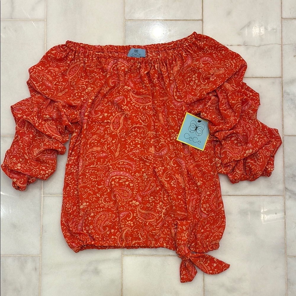 CeCe Orange and Blue Puff Sleeve Ruffled Blouse